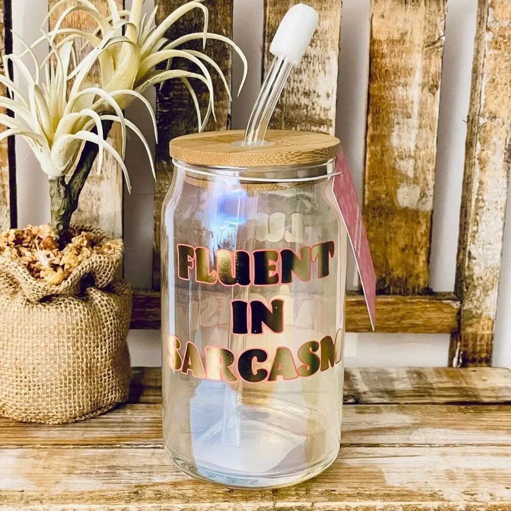 NWT Sheffield Home “FLUENT IN SARCASM”  Funny Glass Sipper with Wood Lid & Straw